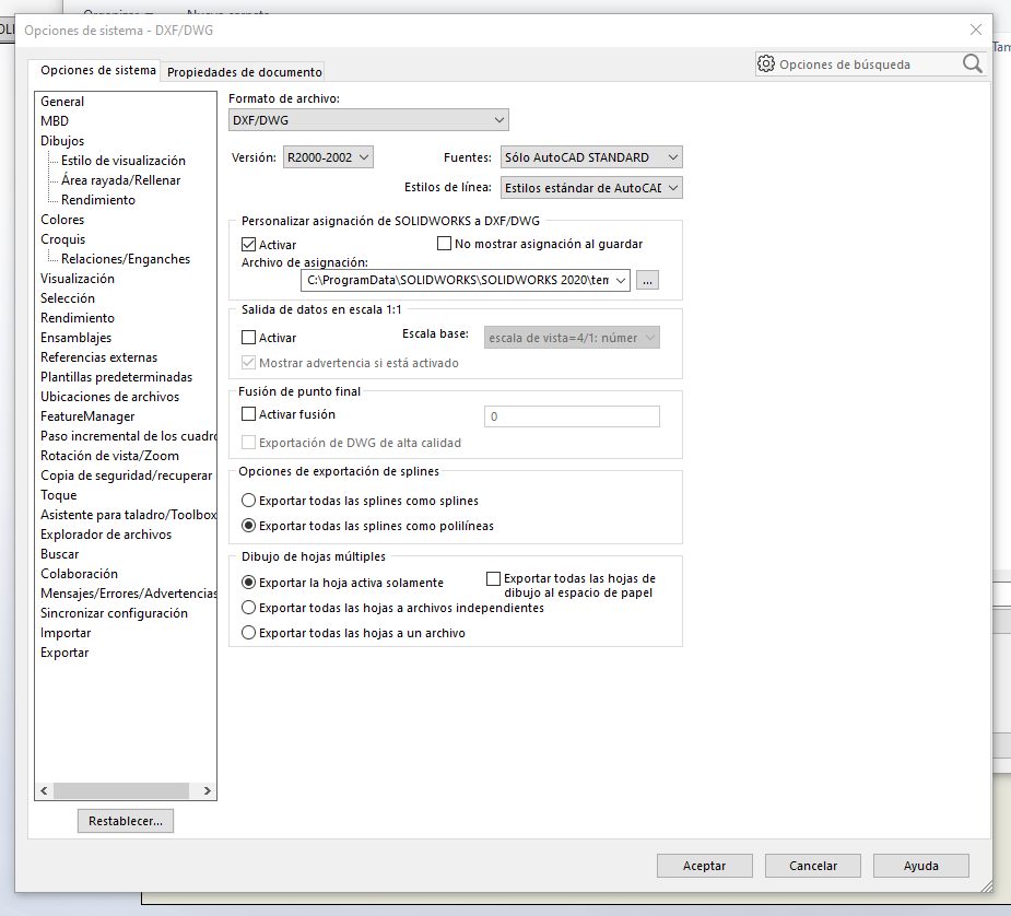 Configuración recomendada de exportación DXF desde SolidWorks