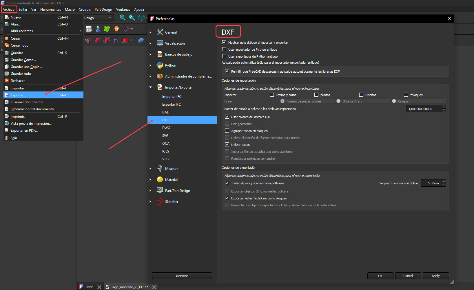 FreeCad - Opciones de exportación